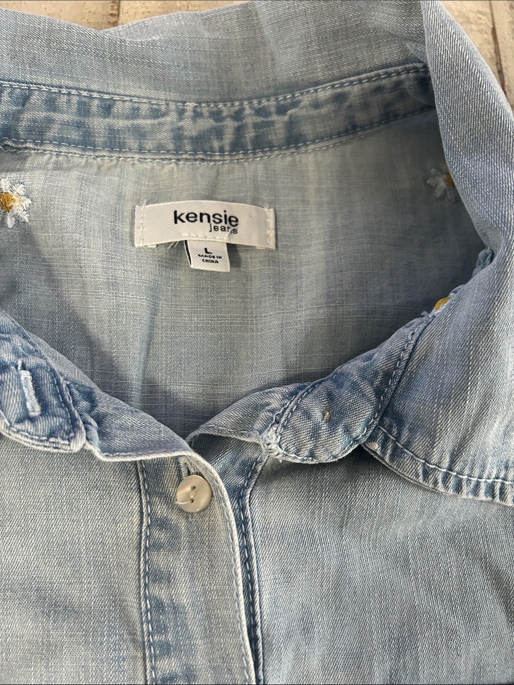 Kensie Light Wash Denim Shirt with Daisy Embroidery - Picture 4 of 6